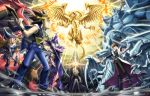  1girl 3boys arm_up black_pants blue-eyes_white_dragon blue_pants cape card commentary_request dark_magician dark_magician_girl duel_disk duel_monster holding holding_card kaiba_seto koma_yoichi kuriboh millennium_puzzle multicolored_hair multiple_boys obelisk_the_tormentor open_mouth osiris_the_sky_dragon outstretched_arm pants sleeveless standing teeth the_winged_dragon_of_ra yami_marik yami_yuugi yuu-gi-ou yuu-gi-ou_duel_monsters 