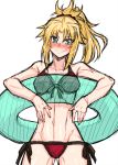  1girl ass_visible_through_thighs bare_shoulders bikini blonde_hair blush breasts collarbone commentary_request cowboy_shot eyebrows_visible_through_hair eyes_visible_through_hair fate/grand_order fate_(series) green_eyes highres looking_at_viewer midriff mitsurugi_tsurugi mordred_(fate)_(all) mordred_(swimsuit_rider)_(fate) navel ponytail simple_background sleeveless small_breasts smile solo swimsuit white_background 