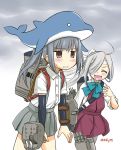  2girls :d ahoge asashimo_(kantai_collection) backpack bag blush bow bowtie brown_eyes cannon cowboy_shot dress ebifly empty_eyes fang fangs grey_hair grey_skirt grey_sky hair_bow hair_over_one_eye hand_up headband kantai_collection kasumi_(kantai_collection) multiple_girls one_eye_covered open_mouth outdoors pleated_skirt ponytail red_dress shark shirt short_sleeves skirt smile sweat twitter_username white_bow white_shirt 