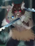  2020 anthro blue_eyes breasts clothed clothing digital_media_(artwork) felid feline female hi_res holding_object holding_sword holding_weapon mammal melee_weapon midriff navel smile sword weapon weeniewonsh 