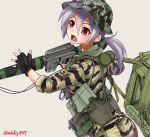  1girl ar-15 backpack bag black_gloves camouflage camouflage_headwear camouflage_jacket camouflage_pants canteen cowboy_shot ebifly fingerless_gloves fingernails from_side gloves grey_background gun hat holding holding_gun holding_weapon military military_uniform open_mouth original pants ponytail pouch purple_hair red_eyes rifle simple_background soldier solo twitter_username uniform weapon 