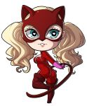  1girl animal_costume animal_ears ass blonde_hair blue_eyes bodysuit boots cat_costume cat_ears cat_tail chibi high_heel_boots high_heels kinkymation mask persona persona_5 persona_5_the_royal red_bodysuit red_footwear shin_megami_tensei tail takamaki_anne thigh_boots thighhighs twintails 