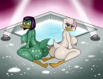  anatid anseriform anthro avian big_breasts bird bodily_fluids breasts cum cum_covered cum_everywhere disney duck ducktales ducktales_(2017) duo female genital_fluids green_body kneeling lena_(ducktales) looking_at_viewer magica_de_spell messy nipple_piercing nipples non-mammal_breasts nude piercing poolside rorrek side_view sitting smile white_body yellow_eyes 