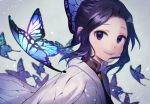  1girl black_hair bug butterfly butterfly_hair_ornament hair_ornament insect japanese_clothes kimetsu_no_yaiba kochou_shinobu looking_at_viewer omochimochi purple_eyes smile solo white_background 