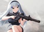  1girl :o assault_rifle bangs bare_arms bare_shoulders black_hairband black_shirt black_skirt blush breasts commentary eyebrows_visible_through_hair facial_mark german_flag girls_frontline green_eyes gun h&amp;k_hk416 hair_ornament hairband highres hk416_(girls_frontline) holding holding_gun holding_weapon keenh large_breasts long_hair looking_away looking_to_the_side midriff object_namesake one_knee open_mouth rifle shirt silver_hair skirt sleeveless sleeveless_shirt solo suppressor trigger_discipline very_long_hair weapon 
