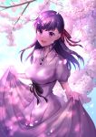  1girl breasts cherry_blossoms dress dress_lift fate/stay_night fate_(series) hair_ribbon heaven&#039;s_feel looking_at_viewer matou_sakura medium_breasts omochimochi open_mouth petals puffy_short_sleeves puffy_sleeves purple_eyes purple_hair red_ribbon ribbon short_sleeves smile solo white_dress 