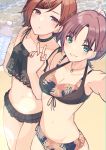  2girls :d antenna_hair aqua_eyes asakura_tooru bangs beach bikini black_bikini blush bottle breasts choker cleavage closed_mouth collarbone cross-laced_bikini_bottom ear_piercing floral_print frilled_bikini frills front-tie_bikini front-tie_top hair_ornament hairclip halterneck highres higuchi_madoka holding holding_bottle holding_hands houmatu_awa idolmaster idolmaster_shiny_colors jewelry layered_bikini leaf_print looking_at_viewer medium_breasts multicolored_hair multiple_girls navel necklace noctchill_(idolmaster) ocean open_mouth outdoors outstretched_arm parted_bangs piercing purple_eyes red_hair sand short_hair sleeveless small_breasts smile swimsuit tankini two-tone_hair v water x_hair_ornament 