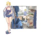  1girl bangs blonde_hair boyshort_panties breasts brushing_teeth cup_ramen folded_ponytail full_body highres kitchen lucia_morgan medium_breasts messy_room morning parted_bangs police police_uniform policewoman shirt_on_shoulders slippers solo sora-bakabon street_fighter street_fighter_v striped tank_top toothbrush uniform updo vertical_stripes waking_up 