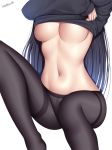  1girl black_hair black_legwear breasts clothes_lift head_out_of_frame highres large_breasts lifted_by_self long_hair navel original pantyhose shiny shiny_skin simple_background solo stomach straight_hair sweater sweater_lift thighband_pantyhose thighs underboob very_long_hair wsman 