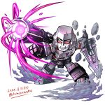  1boy arm_cannon chibi clenched_hand dated highres holding holding_sword holding_weapon kamizono_(spookyhouse) mecha megatron no_humans red_eyes solo sword transformers transformers:_war_for_cybertron_trilogy twitter_username weapon white_background 