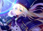  1girl artoria_pendragon_(all) artoria_pendragon_(caster) bangs beret black_gloves blonde_hair blue_bow blue_cape blue_eyes blue_headwear bow brooch cape closed_mouth commentary_request eyebrows_visible_through_hair fate/grand_order fate_(series) floating_hair gloves hair_between_eyes hat holding holding_staff ittokyu jewelry long_hair long_sleeves looking_at_viewer multicolored multicolored_cape multicolored_clothes puffy_long_sleeves puffy_sleeves red_cape shirt signature smile solo staff upper_body white_shirt 