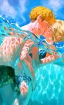  1boy 1girl annie_leonhardt armin_arlert bikini blonde_hair blue_bikini blue_eyes hug kiss shingeki_no_kyojin swimsuit water 