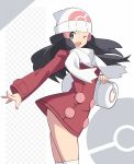  1girl ;d bag beanie black_eyes black_hair checkered coat from_side hat highres hikari_(pokemon) leaning_forward long_hair long_sleeves looking_at_viewer looking_to_the_side no_pants one_eye_closed open_mouth outstretched_arm pokemon pokemon_(game) pokemon_dppt pokemon_platinum red_coat sakuraidai scarf shoulder_bag smile solo standing thighhighs white_headwear white_legwear white_scarf 