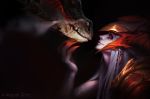  1girl armor braid chengwei_pan dragon dragon_girl hair_ornament highres league_of_legends long_hair red_eyes scales scar shyvana signature smile smoke white_hair 