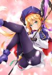  1girl artoria_pendragon_(all) artoria_pendragon_(caster) ass bangs blonde_hair blue_capelet blue_headwear blue_legwear blush breasts capelet closed_mouth dress fate/grand_order fate_(series) gloves green_eyes highres holding holding_staff legs_up long_hair long_sleeves looking_at_viewer multicolored_capelet pantyhose sezoku smile staff thighband_pantyhose twintails white_dress 
