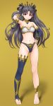  1girl black_hair breasts commentary_request duzimura earrings fate/grand_order fate_(series) full_body groin hand_in_hair hand_up highres hoop_earrings ishtar_(fate)_(all) ishtar_(fate/grand_order) jewelry long_hair looking_at_viewer navel red_eyes single_thighhigh solo thighhighs two_side_up 