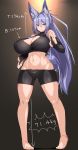  1girl animal_ear_fluff animal_ears black_shirt black_shorts blue_eyes breasts cleavage fox_ears fox_girl fox_tail highres huge_breasts indigo_(tylwing) measurements original purple_hair shirt short_shorts shorts sleeveless sleeveless_shirt smile tail thighs tylwing 