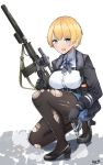  1girl absurdres bangs black_footwear black_gloves black_jacket black_legwear blonde_hair blue_eyes blue_neckwear blue_skirt blush breasts collared_shirt commentary eyebrows_visible_through_hair full_body girls_frontline gloves hair_between_eyes hair_ornament high_heels highres holding_handcuffs indonesian_commentary jacket kneeling large_breasts long_sleeves looking_at_viewer magazine_(weapon) mole mole_under_eye neck_ribbon open_clothes open_jacket open_mouth pantyhose ribbon shadow shirt shirt_tucked_in short_hair sidelocks signature skirt snap-fit_buckle snowflake_hair_ornament solo tegar32 torn_clothes torn_legwear trigger_discipline vsk-94 vsk-94_(girls_frontline) walkie-talkie white_background white_shirt 