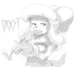  accessory actionbastardvirginblstr anthro brass_instrument breasts canid canine canis claws domestic_dog eyelashes female hair_accessory half-closed_eyes looking_at_viewer mammal monochrome musical_instrument narrowed_eyes pawpads playing_music poodle solo sound_effects trumpet wind_instrument 
