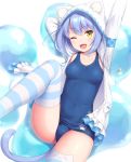  1girl ;d animal_ears arms_up ass blue_hair blue_swimsuit breasts cat_ears cat_tail covered_navel hood hooded_jacket jacket looking_at_viewer one-piece_swimsuit one_eye_closed open_clothes open_jacket open_mouth original sasaame school_swimsuit short_hair small_breasts smile solo striped striped_legwear swimsuit tail thighhighs thighs white_jacket yellow_eyes 