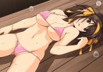  1girl bikini bracelet breasts brown_eyes brown_hair cleavage eyebrows_visible_through_hair eyes_visible_through_hair hairband hand_to_head haruhisky jewelry large_breasts looking_at_viewer lying micro_bikini navel open_mouth solo spread_legs string_bikini striped striped_bikini suzumiya_haruhi suzumiya_haruhi_no_yuuutsu sweatdrop swimsuit table underboob waiting yellow_hairband 