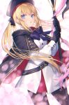  1girl artoria_pendragon_(all) artoria_pendragon_(caster) bangs belt belt_buckle beret black_belt black_bow black_cape black_gloves black_headwear black_legwear blonde_hair blue_bow blue_eyes bow buckle cape commentary_request dress eyebrows_visible_through_hair fate/grand_order fate_(series) gloves hair_bow hat highres holding holding_staff koyukomu long_hair long_sleeves multicolored multicolored_cape multicolored_clothes pantyhose parted_lips red_cape sidelocks solo staff striped striped_belt twintails very_long_hair white_dress 