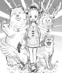  1girl :d bear bird bosako_(haguhagu) bow chicken deer dog greyscale haguhagu_(rinjuu_circus) hair_bow high_ponytail highres hood hoodie horns looking_at_viewer monochrome mouse open_mouth original outstretched_arms rooster scrunchie shoes sleeveless sleeveless_hoodie smile solo spread_arms standing thigh_gap wrist_scrunchie 