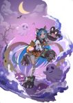  1girl :d absurdres animal_ear_fluff animal_ears bandaged_leg bandages bangs bare_tree bat bell blue_hair blush bow brown_skirt cat_ears cloud cloudy_sky commentary_request crescent_moon dress fake_animal_ears fang flan_(f_l_an) frills full_body fur_collar ghost gloves halloween halloween_costume highres jack-o&#039;-lantern knee_up large_bow long_hair long_sleeves looking_at_viewer miyako_(princess_connect!) moon night night_sky open_mouth paw_gloves paw_shoes paws pleated_skirt princess_connect! princess_connect!_re:dive pumpkin shirt shoe_bow shoes skirt sky smile solo standing standing_on_one_leg star_(sky) tail torn_clothes tree very_long_hair white_shirt wolf_paws 