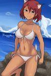  1girl adriana_visconti animal_ears artist_name bikini blush bookmarkahead breasts cat_ears cleavage closed_mouth cloud cloudy_sky collarbone eyebrows_visible_through_hair groin highres large_breasts looking_at_viewer navel ocean outdoors red_hair shiny shiny_hair shiny_skin short_hair sky smile solo strike_witches sweat swimsuit swimwear white_bikini world_witches_series 