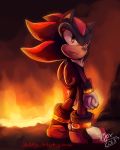  1boy animal_ears artist_name black_hair blurry blurry_background clenched_hand closed_mouth commentary dated english_commentary fire from_behind full_body furry gloves heart male_focus multicolored_hair red_eyes red_footwear red_hair shadow_the_hedgehog shoes sideways_mouth signature solo sonic_the_hedgehog spacecolonie standing tail tumblr_username two-tone_hair white_gloves 
