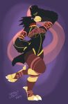  anthro avian beak black_body black_fur breasts breath_of_the_wild claws clothed clothing female fluffy fluffy_tail fumikage_tokoyami fur hi_res my_hero_academia nintendo open_mouth partially_clothed red_eyes simple_background solo tattoorexy the_legend_of_zelda video_games wings 