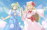  2girls arnest blonde_hair blue_skirt blue_sky blue_vest blush bow bowtie capelet closed_eyes cloud collared_shirt daiyousei dress eyebrows_visible_through_hair fairy fairy_wings green_eyes green_hair hair_bow hands_together hat lily_white long_hair long_sleeves multiple_girls necktie open_mouth petals pleated_skirt puffy_short_sleeves puffy_sleeves red_bow red_neckwear red_sash sash shirt short_hair short_sleeves skirt sky smile touhou vest white_capelet white_dress white_headwear white_shirt wide_sleeves wings yellow_bow yellow_neckwear 