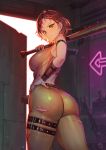  1girl absurdres ass bare_shoulders baseball_bat belt breasts brown_hair cait_(fallout_4) fallout_4 green_eyes highres holding holding_weapon large_breasts looking_at_viewer looking_back nail over_shoulder short_hair suerte thighs torn_clothes vest weapon weapon_over_shoulder 