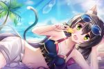  1girl animal_ear_fluff animal_ears bikini black_hair blue_sky breasts cat_ears cat_tail cloud cometalice fang food frilled_bikini frills green_eyes karyl_(princess_connect!) lens_flare looking_at_viewer low_twintails lying midriff multicolored_hair navel ocean on_side open_mouth palm_tree popsicle princess_connect! princess_connect!_re:dive shell short_shorts shorts sky small_breasts sparkle streaked_hair sunglasses swimsuit tail tree twintails unbuttoned_shorts 