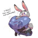  2020 anthro big_breasts bodily_fluids borvar breast_expansion breast_squish breasts cleavage clenched_teeth clothed clothing dialogue digital_media_(artwork) disney english_text female frown fully_clothed hi_res huge_breasts hyper hyper_breasts judy_hopps lactating lactating_through_clothing lagomorph leporid mammal milk nipple_outline police police_belt police_uniform purple_eyes rabbit shirt simple_background solo squish surprise sweat sweatdrop tears teeth text tight_clothing tight_shirt tight_topwear topwear transformation uniform wet wet_clothing worried zootopia 