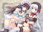  2girls :o babydoll bangs bare_shoulders black_hair black_legwear black_panties black_sleeves blue_bow blue_eyes blue_sleeves blush bow bow_panties breasts brooch cleavage closed_mouth commentary_request detached_sleeves eyebrows_visible_through_hair frilled_hairband frilled_legwear frilled_panties frills fujikura_ryuune grey_hairband groin hair_between_eyes hairband hand_on_another&#039;s_hip holding_hands interlocked_fingers jewelry long_hair medium_breasts multiple_girls navel original panties parted_lips puffy_short_sleeves puffy_sleeves red_bow red_eyes short_sleeves siblings side-tie_panties silver_hair sisters smile striped striped_bow thighhighs twins underwear very_long_hair white_legwear white_panties wrist_cuffs 