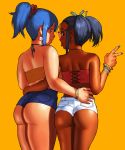 2girls arm_around_waist arung_samudra_(cessa) ass back bangle bare_shoulders black_hair blue_hair borrowed_character bracelet breasts cessa commentary crossover dark_skin earrings english_commentary from_behind hair_ornament hair_ribbon hair_scrunchie heart heart_earrings highres jewelry large_breasts looking_back multiple_girls original pearl_bracelet pink-tinted_eyewear pink_earrings red_eyes red_scrunchie ribbon rimless_eyewear rina_atherina ring scrunchie short_hair short_shorts short_twintails shorts sidelighting spaghetti_strap strapless sunglasses thick_thighs thighs tongue tongue_out tubetop twintails v very_dark_skin yellow_background 