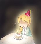  1girl black_background blue_cardigan cake candle cardigan chibi closed_eyes denchuubou ellen_baker food fruit hat icing long_hair new_horizon open_mouth party_hat ponytail red_headwear scrunchie shaded_face shirt simple_background sitting smile solo strawberry table tablecloth white_shirt 
