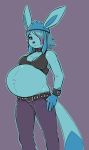  anthro belly belt big_belly blue_eyes bottomwear breasts cleavage clothed clothing collar eeveelution female glaceon headgear headwear nintendo pants pok&eacute;mom pok&eacute;mon pok&eacute;mon_(species) pregnant solo soul topwear unknown_artist video_games wristband 