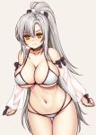  1girl asamura_hiori azur_lane bangs bare_shoulders bikini black_bow bow breasts brown_eyes cleavage collarbone commentary_request cowboy_shot detached_sleeves drake_(azur_lane) eyebrows_visible_through_hair grey_background grey_choker hair_between_eyes hair_bow high_ponytail highres large_breasts long_hair long_sleeves navel see-through sidelocks silver_hair simple_background skindentation solo stomach swimsuit thigh_gap v-shaped_eyebrows very_long_hair white_bikini white_bow 