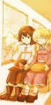  2girls blonde_hair bored brown_hair dress graphite_(medium) hand_on_own_cheek head_on_shoulder ma-hain-scarlet maribel_hearn mountain multiple_girls no_hat no_headwear retrospective_53_minutes sitting sleeping touhou traditional_media usami_renko 