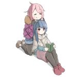  2girls blue_hair capelet closed_eyes fingerless_gloves gloves highres hug kagamihara_nadeshiko multiple_girls petting pink_hair purple_eyes shima_rin simple_background tlc white_background winter_clothes yuri yurucamp 