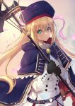  1girl artoria_pendragon_(all) artoria_pendragon_(caster) bangs blonde_hair blue_capelet blue_headwear blush breasts buttons cape capelet closed_mouth dress fate/grand_order fate_(series) gloves green_eyes highres holding holding_staff long_hair long_sleeves looking_at_viewer multicolored multicolored_cape multicolored_capelet multicolored_clothes petals smile staff twintails untue white_dress 