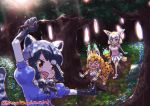 3girls :d animal_ear_fluff animal_ears arm_up black_hair blonde_hair blue_shirt bow bowtie brown_eyes commentary_request common_raccoon_(kemono_friends) dated day elbow_gloves extra_ears fang fennec_(kemono_friends) forest fox_ears fox_tail fur_collar gloves grey_hair holding holding_stick kemono_friends multicolored_hair multiple_girls nature open_mouth outdoors pink_shirt pleated_skirt print_bow print_gloves print_legwear print_neckwear print_skirt puffy_short_sleeves puffy_sleeves raccoon_ears raccoon_tail serval_(kemono_friends) serval_ears serval_print serval_tail shirt short_sleeves skirt smile stick tail thighhighs tree tripping twitter_username white_skirt xo yonaka-nakanoma 