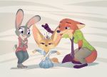  2020 absurd_res anthro barefoot bottomwear canid canine clothed clothing crossdressing crouching crown disney dress fennec finnick fox fully_clothed fur grey_body grey_fur group hi_res inner_ear_fluff judy_hopps lagomorph leporid looking_at_another mammal necktie nick_wilde open_mouth open_smile pants pointedfox purple_eyes rabbit red_fox shirt signature simple_background smile standing tan_body tan_fur tiara topwear tuft zootopia 