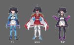  3girls black_gloves black_hair boots cape cowlick dark_skin decepticon genderswap genderswap_(mtf) gloves grey_background hand_on_hip hands_on_hips highres matching_outfit multiple_girls necktie open_mouth personification purple_gloves red_eyes red_gloves sep_(4108132) skywarp starscream thigh_boots thighhighs thundercracker transformers twintails v-shaped_eyebrows 