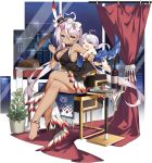  2girls :d ^_^ ahoge arm_hug armpits azur_lane bare_arms bare_shoulders barefoot black_choker black_dress black_headwear blue_eyes bottle bow breasts chair chibi choker cleavage closed_eyes curtains dark_skin dress facial_mark feathers food fork hair_between_eyes hair_bow hat heart_ahoge heterochromia highres holding horns indianapolis_(azur_lane) indianapolis_(the_light_of_circle_city)_(azur_lane) large_breasts long_hair looking_at_viewer mini_hat multiple_girls official_art open_mouth plant plantar_flexion portland_(azur_lane) potted_plant saru side_ponytail silver_hair sitting sleeveless sleeveless_dress smile spaghetti_strap steak strap_gap thighs transparent_background tray very_long_hair window wine_bottle yellow_eyes 