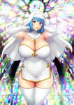  1girl absurdres blue_hair breasts church cleavage cross curvy dress elbow_gloves erkaz gloves highres huge_breasts lips medium_hair nun original red_eyes rina_atherina stained_glass thick_thighs thighhighs thighs white_dress white_gloves white_legwear 