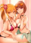  2girls absurdres arm_around_waist arm_up armlet bangs bare_shoulders bikini blonde_hair blunt_bangs breast_press breasts brown_hair canaan_(monster_strike) cleavage cleopatra_(monster_strike) curtains eyebrows_visible_through_hair eyewear_on_head flower green_bikini hair_flower hair_ornament haneramu hibiscus highres jewelry large_breasts long_hair mole mole_under_eye monster_strike multiple_girls nail_polish necklace o-ring o-ring_bikini pendant pink_bikini purple_eyes shawl short_hair side_ponytail smile sunglasses swimsuit teeth thighs yellow_eyes 