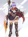  1girl android belt breasts cape flower full_body hair_flower hair_ornament hana_(xenoblade) highres holding holding_spear holding_weapon joints medium_hair orange_eyes orange_hair original polearm purple_hair red_cape robot_joints small_breasts solo sou_(pale_1080) spear standing twintails weapon white_flower xenoblade_(series) xenoblade_2 